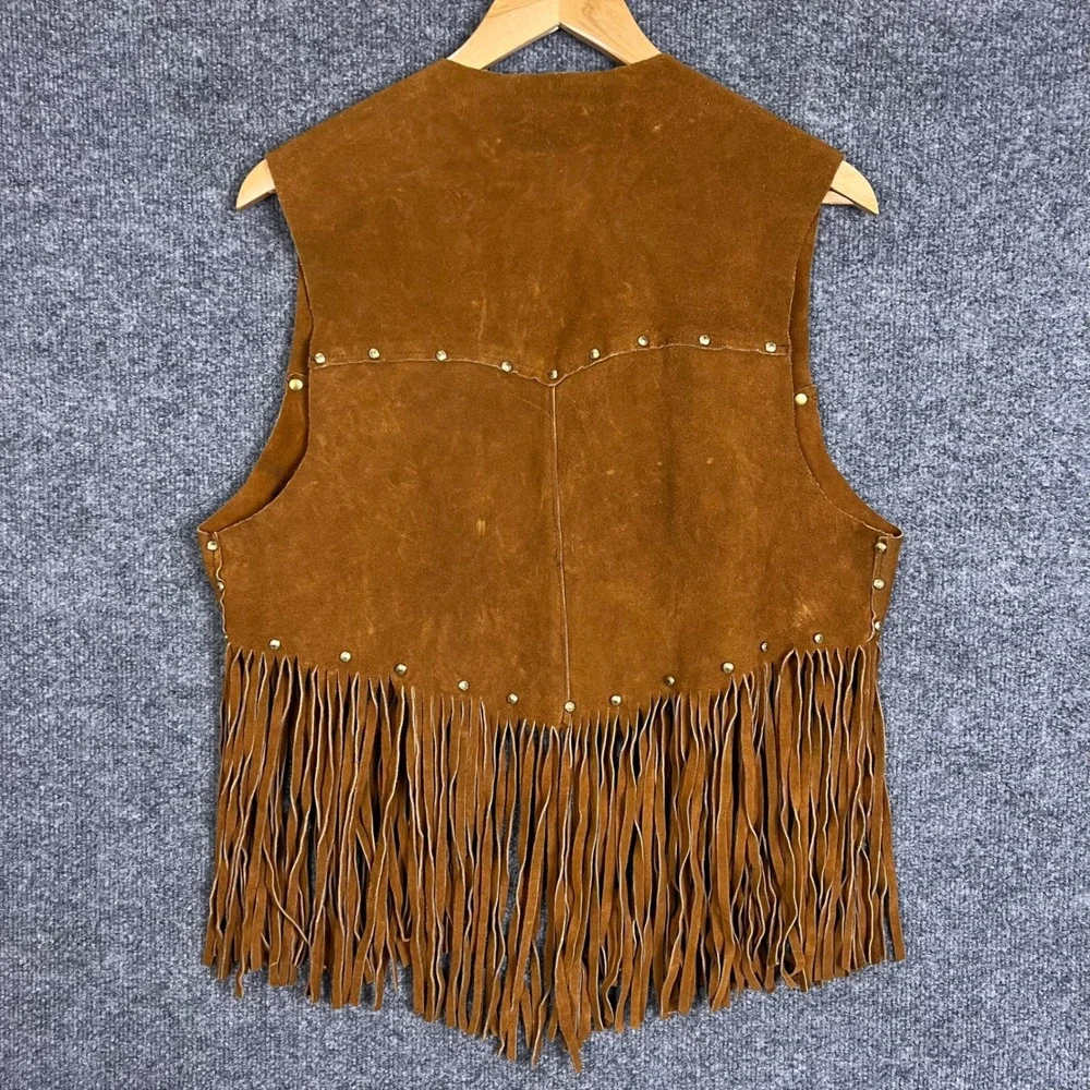 Vintage Suede Fringe Vest Womens Large Brown Good Western Boho Studded Tie Front